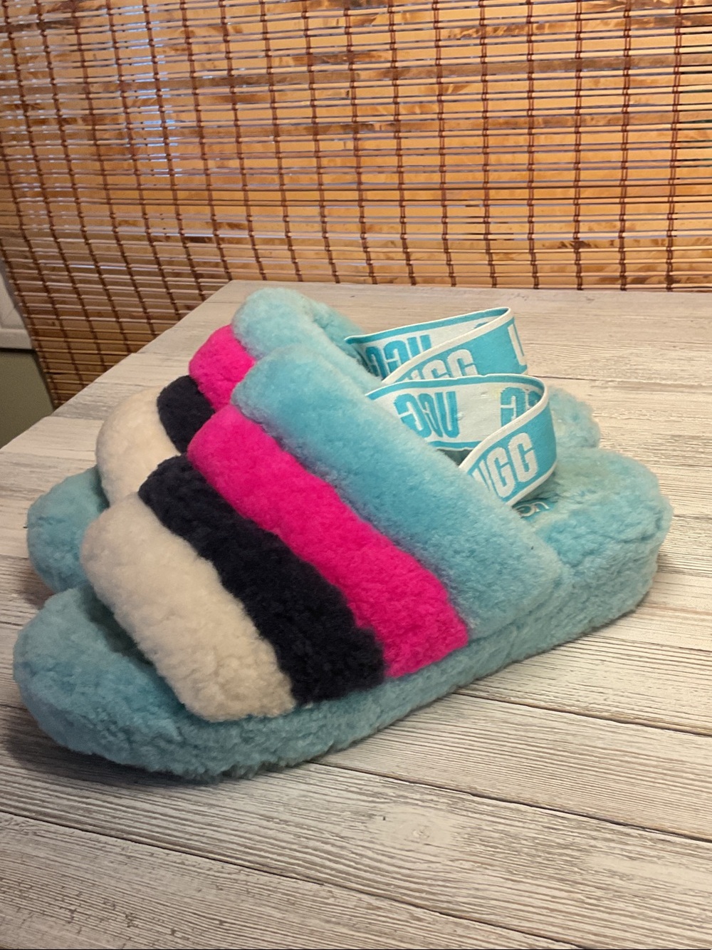 UGG Aqua Fluff Slide with Pink, Black & Cream Stripes